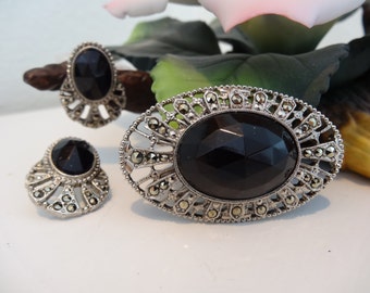 sale,Black Marcasite Brooch & Earrings Set: Art Deco Onyx Style, 1980s
