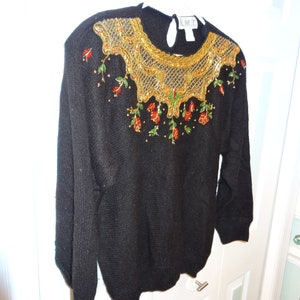 Sale item,Womens, holiday, BLACK, BEADED SWEATER, gold, green, red, size large, long sleeve, silk, mohair, angora / lambs wool, imported. image 7