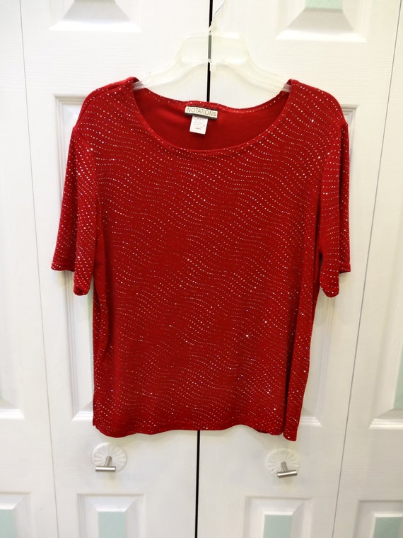 Red Sparkle Holiday Top: 1990s Acetate Spandex Pu… - image 1