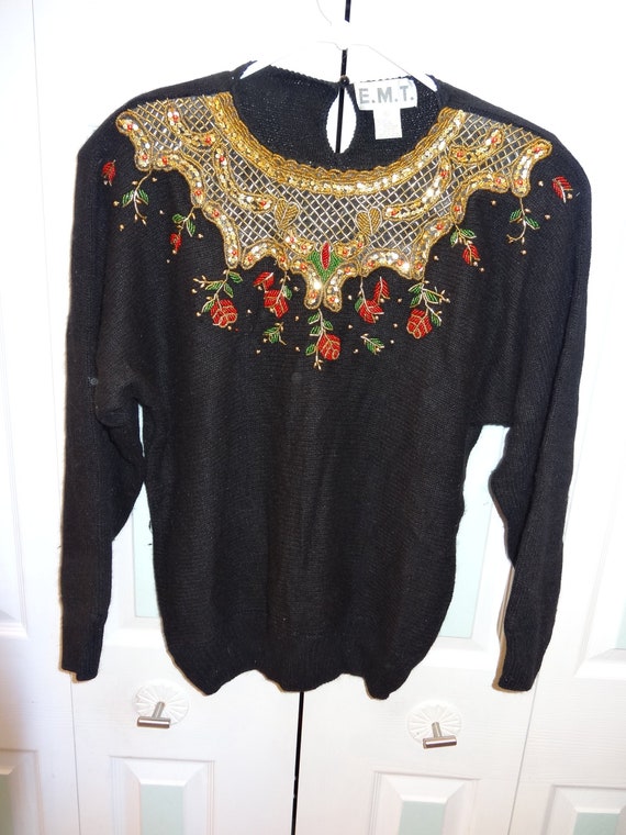 Sale item,Womens, holiday,  BLACK, BEADED SWEATER… - image 1