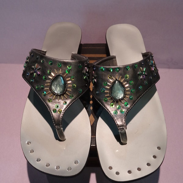 WOMEN'S THONG Sandals,  size 9.5 USA, Eur.43, gunmetal grey, fancy silver heels, almost new, circa 1990s, man made materiels