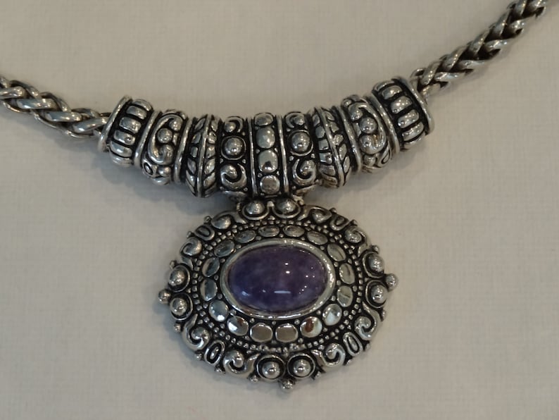 circa 1970 silver tone SILVER NECKLACE and EARRING set,Victorian style necklace and pierced earring set with Amethyst stone