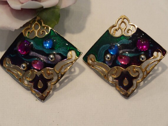 RETRO ENAMELED EARRINGS,circa 1980s,Diamond shape… - image 8