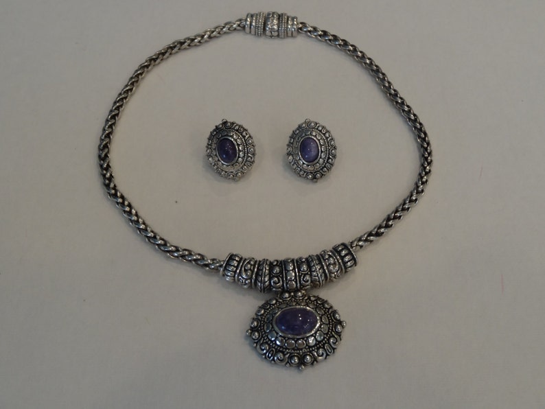 circa 1970 silver tone SILVER NECKLACE and EARRING set,Victorian style necklace and pierced earring set with Amethyst stone