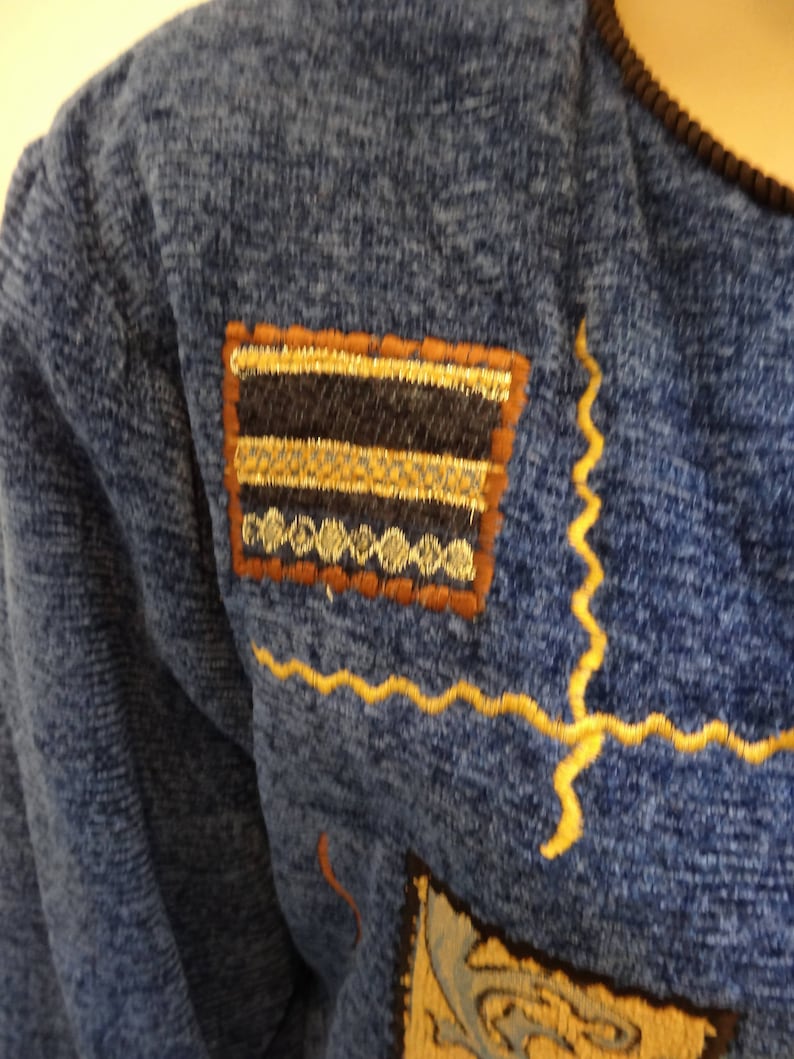 fully lined Women/'s jacket circa 1990s size extra large BLUE DENIM VELVEt black cord trim gold trim beige appliques fancy buttons