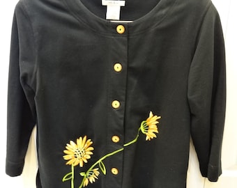 BLACK COTTON PANTS Set ,size x large , 5 wooden buttons, yellow daisy embroidery, Natalie and Me Brand,long sleeve ,Crew neck cardigan style