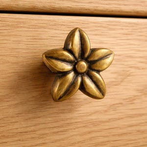 Peut inclure: Gros plan sur un bouton de meuble en forme de fleur. Le bouton est en laiton et présente un motif détaillé à cinq pétales. Il est monté sur une surface en bois clair, probablement un tiroir ou une porte d'armoire.