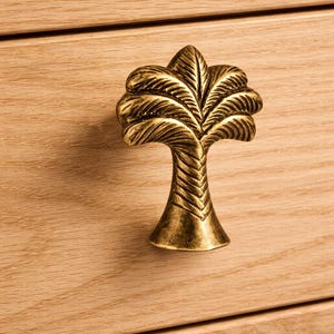 Peut inclure: Bouton de meuble en laiton en forme de palmier. Le bouton est monté sur un tiroir en bois de couleur claire. Le design du palmier présente des frondes détaillées et un tronc texturé.