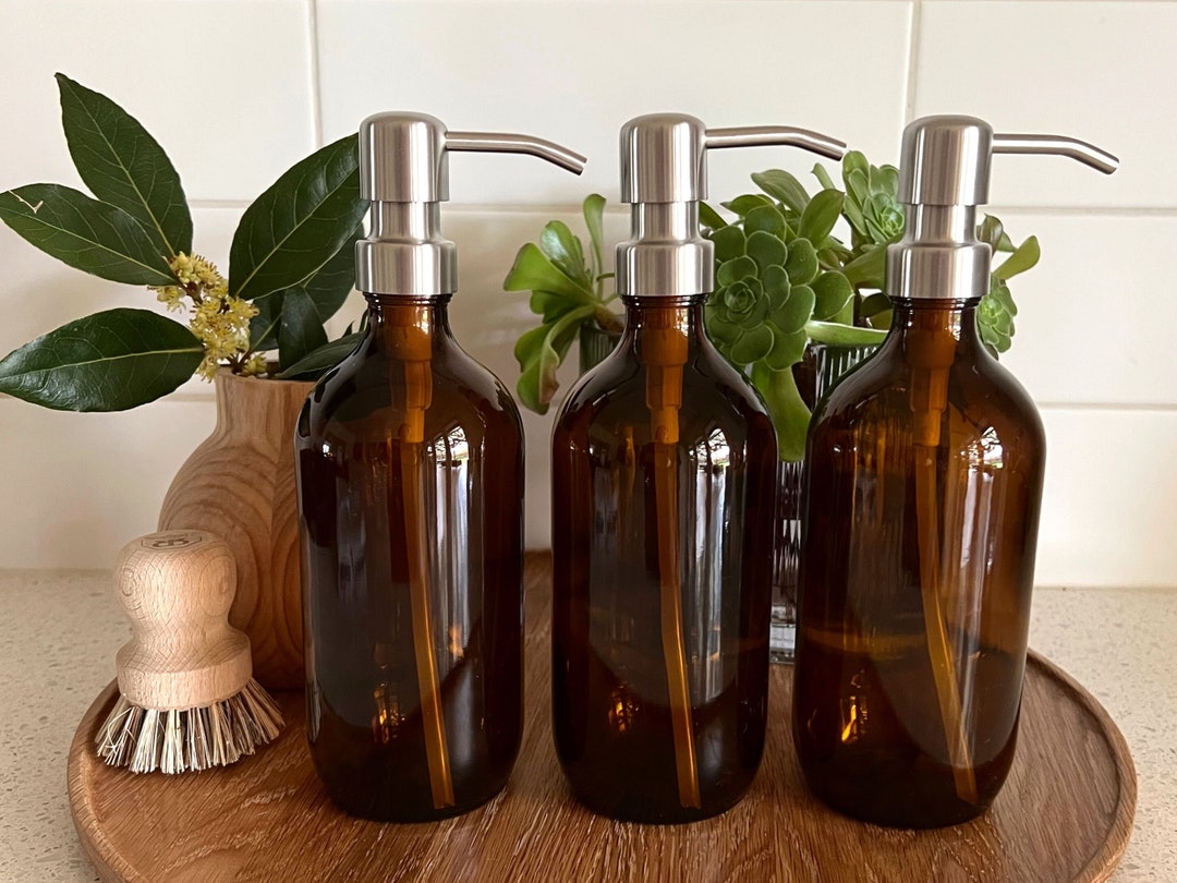 Amber Glass Bottle Soap Dispenser With Metal Pump Etsy