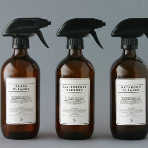 Amber glass spray bottles. DIY cleaning set with white designer re-usable label decals image 1