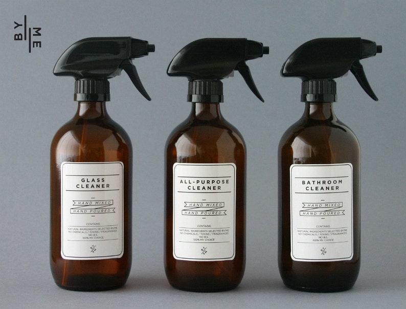 Amber glass spray bottles. DIY cleaning set with white designer re-usable label decals image 1