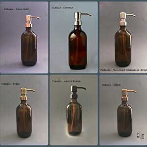 Amber glass bottle soap dispenser with metal pump and designer decal image 3