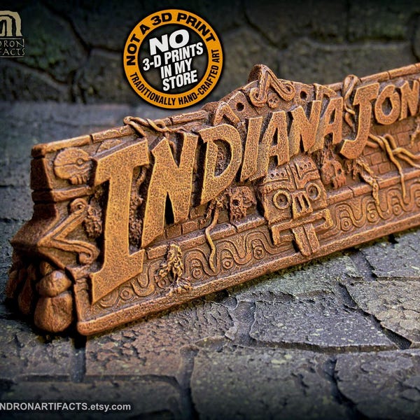 Indiana Jones Logo Themed Desktop Plaque Brown Stone Finish Aztec Maya