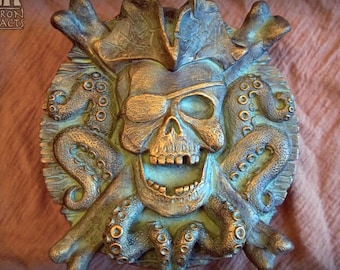 Pirate Themed Decor Skull and Crossbones Wall Plaque with Stand - Bronze Color - Pirates of the Caribbean Goonies Nautical Man Cave