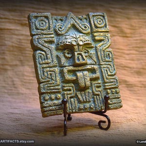 Indiana Jones Inspired Tablet Wall Relief With Stand - Tongue - Bronze Patina Faux Finish - Aztec Maya Themed Decor