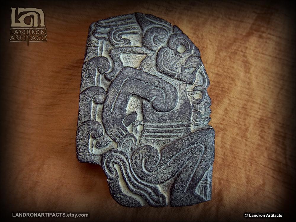 Jaguar Totonac Hacha Wall Relief Tablet - Onyx Color - Indiana Jones Prop Replica Themed Decor Aztec Maya
