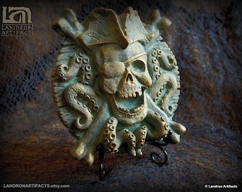 Pirate Jolly Roger Skull and Crossbones Wall Plaque Sculpture with Stand Caribbean Goonies Nautical Decor Man Cave Tiki Bar