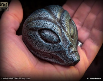 Grey Alien Stone Carving Artifact Replica Metallic Blue Color UFO Gift Area 51 Memorabilia X Files Collectible Sci-Fi Decor Oddity
