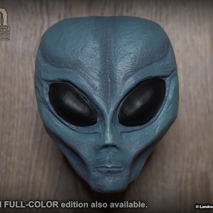 May include: A gray alien head sculpture with large black eyes. The sculpture is made of a textured material and has a realistic appearance.
