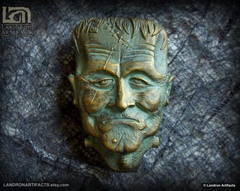 Retro Halloween Decoration Wall Sculpture - Frankenstein - Bronze Color Vintage Style Halloween