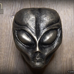 May include: A silver-colored alien head sculpture with detailed facial features, including large eyes and a prominent nose. The sculpture has a textured surface, giving it a realistic appearance.