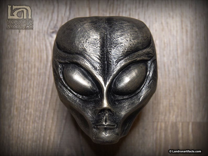 May include: A silver-colored alien head sculpture with detailed facial features, including large eyes and a prominent nose. The sculpture has a textured surface, giving it a realistic appearance.