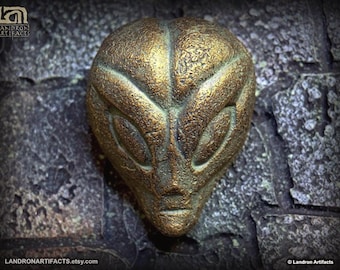 Alien Grey Artifact Replica Bronze Patina faux finish UFO Area 51 Ancient Aliens Sci-Fi Decor Oddity