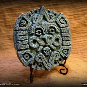 Indiana Jones Inspired Wall-Mountable Tablet Relief With Stand - Fangs - Mossy Stone Finish - Maya Aztec Prop Themed Decor