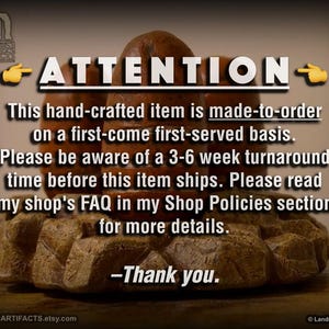 May include: A handcrafted, brown, stone-like object with the word "ATTENTION" in white text. The image includes text about the item being made-to-order and a 3-6 week turnaround time. The Etsy shop name is visible.