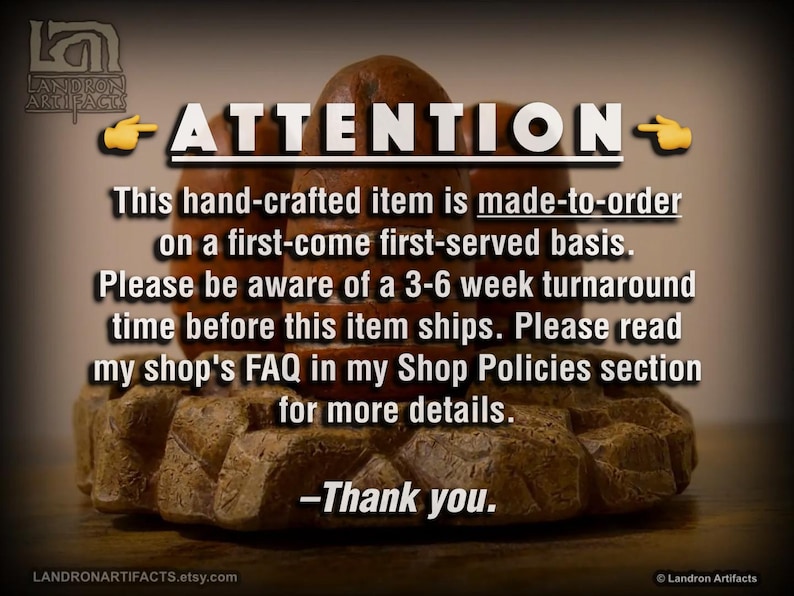 May include: A handcrafted, brown, stone-like object with the word "ATTENTION" in white text. The image includes text about the item being made-to-order and a 3-6 week turnaround time. The Etsy shop name is visible.