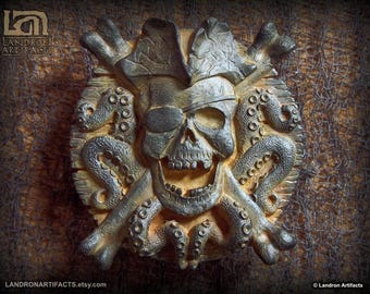 Pirate Themed Decor Skull and Crossbones Wall Plaque with Stand - Rustic Iron Color - Pirates of the Caribbean Goonies Nautical Man Cave