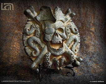 Pirate Jolly Roger Skull and Crossbones Wall Plaque Sculpture with Stand Caribbean Goonies Nautical Decor Man Cave Tiki Bar