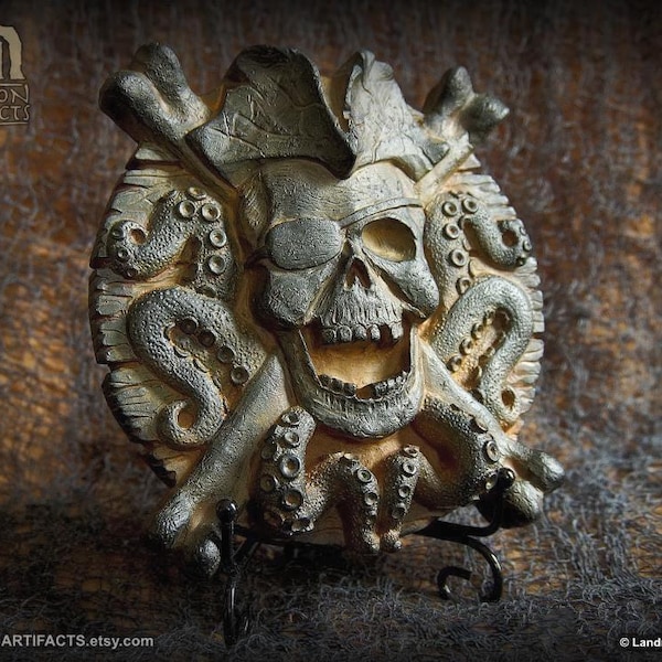 Pirate Jolly Roger Skull and Crossbones Wall Plaque Sculpture with Stand Caribbean Goonies Nautical Decor Man Cave Tiki Bar