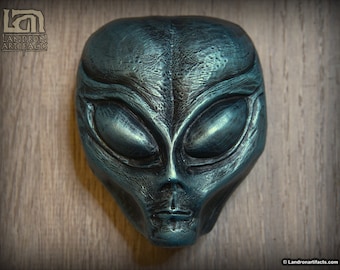 Alien Grey Wall Plaque Sculpture Bust UFO Gift Area 51 Memorabilia X Files Collectible Sci-Fi Decor Ancient Aliens - Metallic Blue Ver
