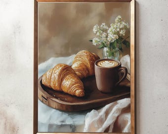 May include: A painting of a still life featuring two croissants, a cup of coffee with latte art, and a bouquet of white flowers in a glass vase. The items are arranged on a wooden tray and a white cloth.