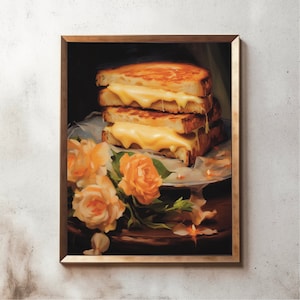 Puede incluir: Una pintura de un sándwich de queso a la parrilla con queso derretido, en un plato con un ramo de rosas naranjas.