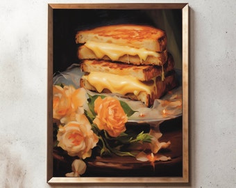 Stilleven met gegrilde kaas: Cottagecore Kitchen Art (afdrukbaar)