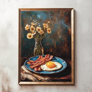 Bacon & Eggs | Bacon and eggs painting, Still life painting, Cottage core, farmhouse, food print, flower painting, kitchen art print, BAE