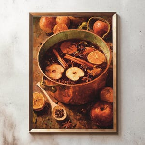 May include: A framed painting depicts a copper pot filled with a warm beverage, featuring apple slices, orange slices, and cinnamon sticks. Whole apples and a wooden spoon with spices are also visible. The artwork has a warm, inviting color palette.