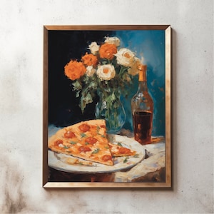 Fancy slice of Pizza | Pizza painting, Food painting, Food and wine print, Wine painting, Still Life painting, Dark moody art, Kitchen art