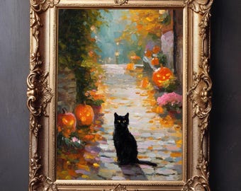 May include: A gold-framed painting shows a black cat on a cobbled path in a fall scene. Pumpkins and autumn foliage are visible, rendered in a soft, impressionistic style. The artwork has a Halloween or autumnal theme, with warm colours.