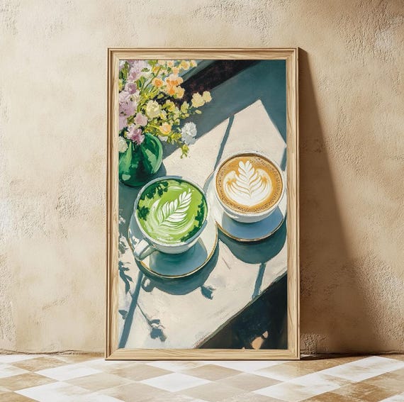 Matcha Latte Art Print: Slow Morning Club, Cottagecore Kitchen (Digital Download