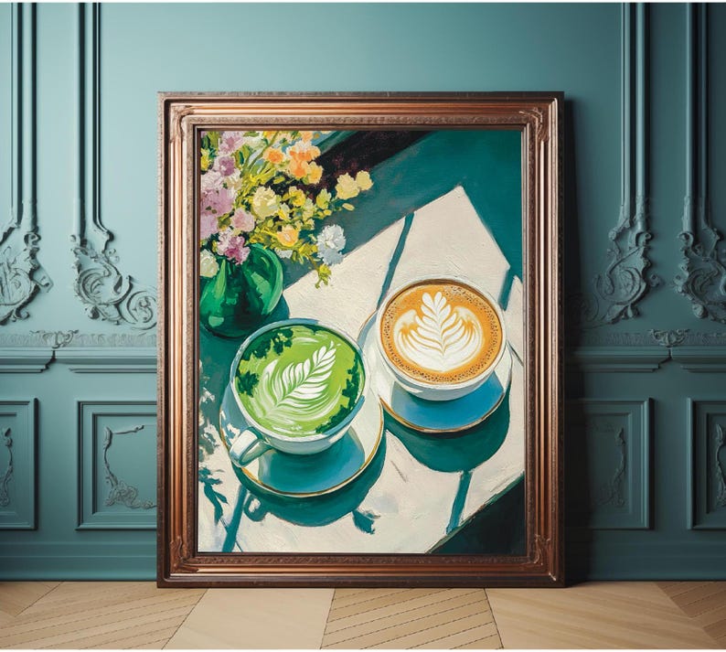 May include: A painting of two cups of coffee on a white surface. One cup is filled with green matcha latte and the other with a brown latte. Both cups have a white foam design on top. The cups are on a white surface with a green vase of flowers in the background.