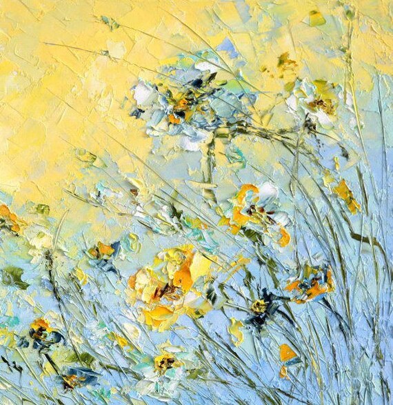 Fleur Jaune Peinture Peinture à Lhuile Bleu Personnalisé Empâtement Couteau Turquoise Fleur Abstraite Peinture Originale éclectique Wall Art Dine