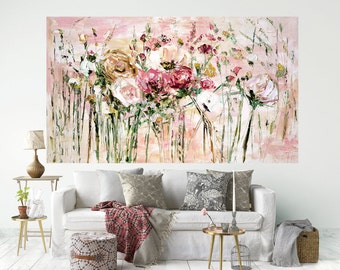 Large Original Painting Red White Gold Flower Art Print Giclee Canvas 200x100 Palette Knife Artwork Impasto Style Impressionist Painting