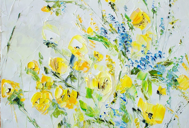 Yellow Flowers Dine Room Wall Art Modern Painting Original Oil Abstract Fl Canvas Blue Kitchen Large