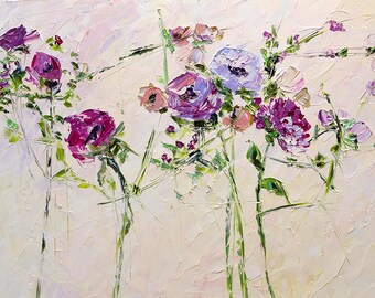 Large Paintings Canvas Floral Bouquet Flute in the Rays of Dawn Impasto Palette Knife Art Bedroom Wall Decor Lilac Violet Rose Burgundy Beig
