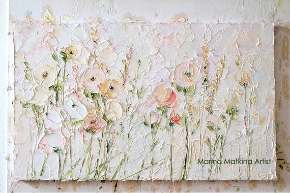 Blanc Fleurs Rose Pâle Original Peinture à Lhuile Paysage Floral Sauvage Peinture Couteau Grand Lourds Texturé Beige Sable Roses Pêche Pivoine