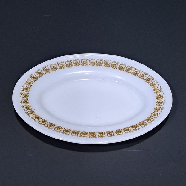 Vintage Pyrex 794 Tiburon Brown Oval Tray Plate 9.5" x 7" Flower and Scroll Border White Milk Glass
