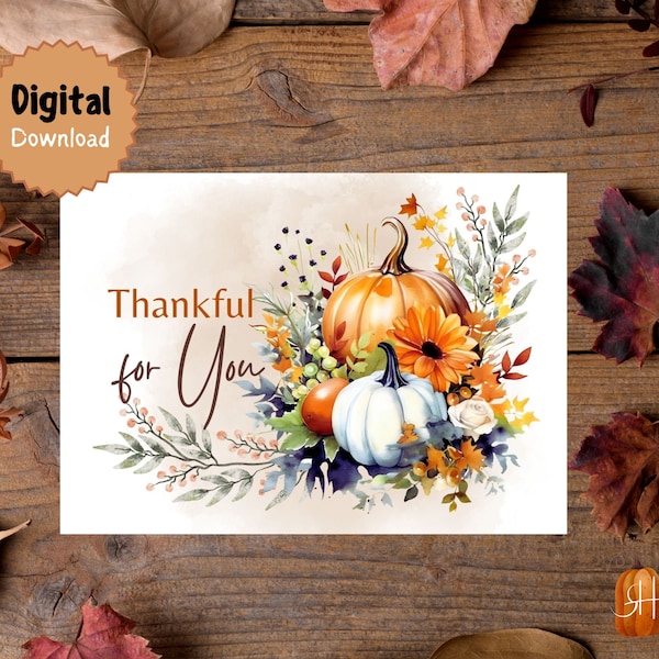 Printable Thanksgiving Greeting Card, Instant Download 7 x 5 in Card for Thanksgiving, Thanksgiving Card to Download, Pumpkins Thanksgiving